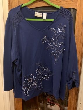 Alfred Dunner Navy V-Neck Rhinestone Floral Tunic